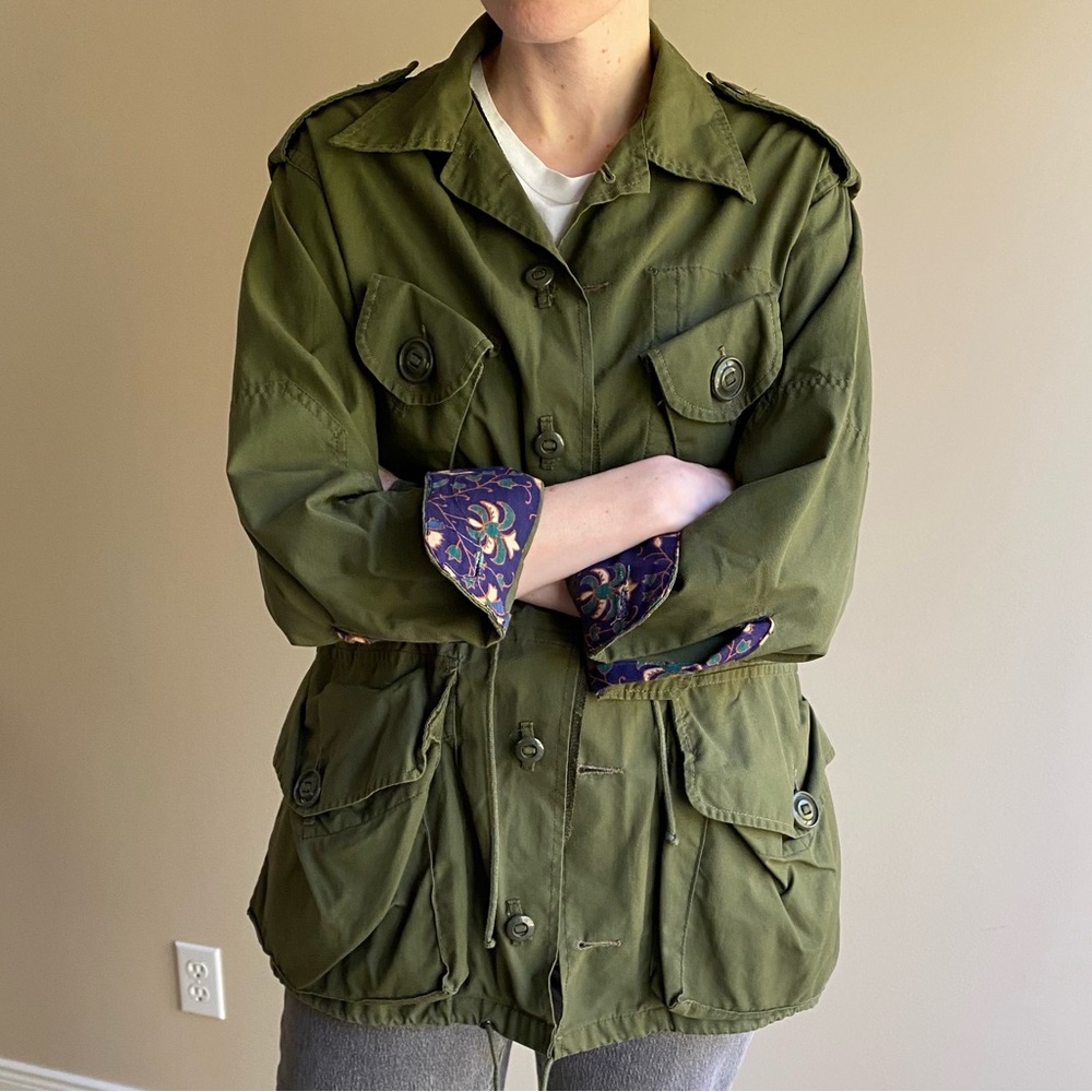 Army Green Utility Jacket w Boho Print on back, Military Coat, Spring, Anthro - Picture 4 of 5